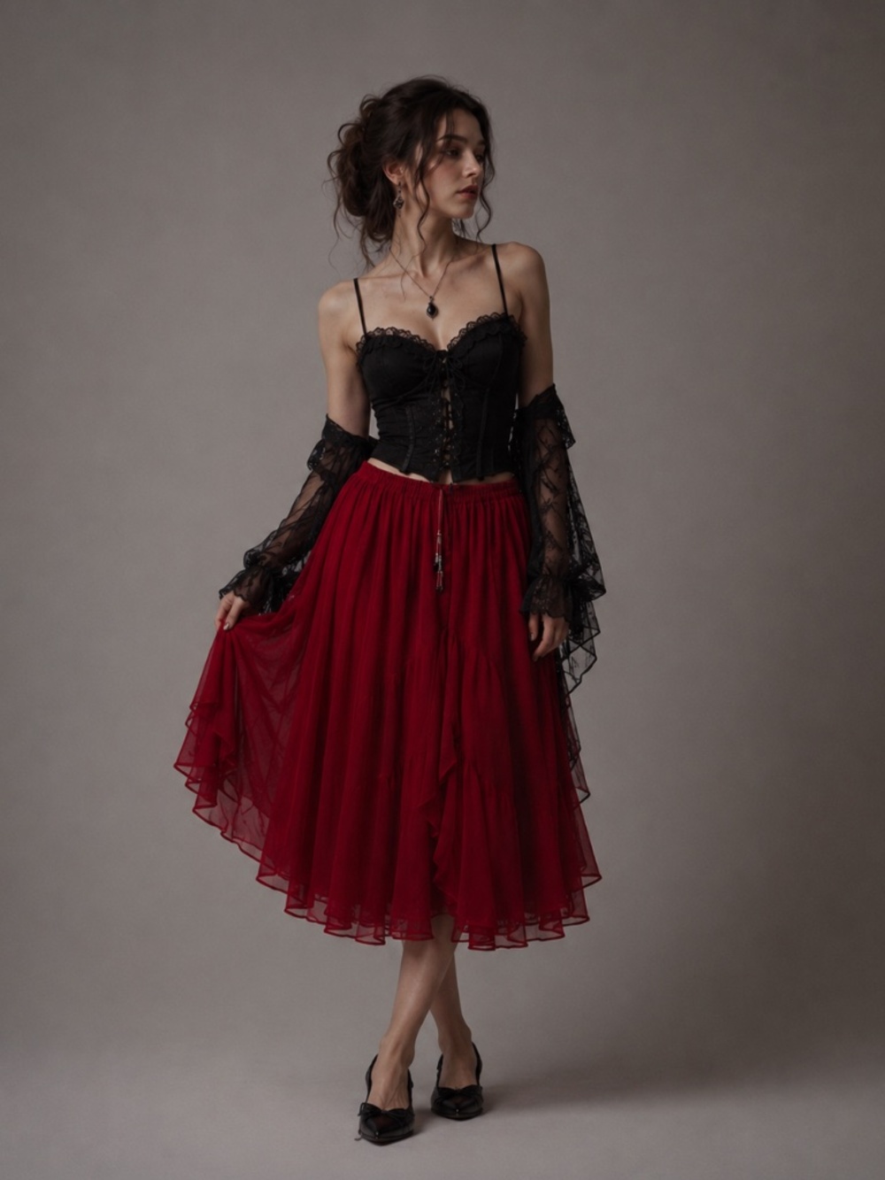Vtg Silver Stream Red Chiffon Tiered Midi Skirt OS Boho Vampire Elvira Fairy